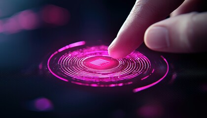 Close-up of a finger touching a digital interface with a glowing pink light, representing technology and innovation.