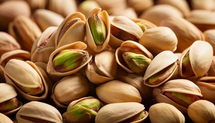 a close up shot showing a pile of pistachios with shells and kernels