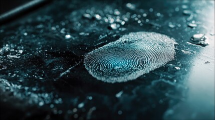 Close-up of a fingerprint impression on a dark surface, highlighted with blue lighting. The image evokes themes of investigation and technology.