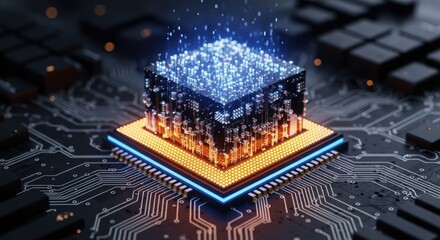 Futuristic cpu microchip on a circuit board, emitting blue light, symbolizing advanced technology, artificial intelligence, and data