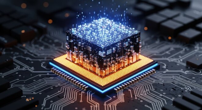 Futuristic cpu microchip on a circuit board, emitting blue light, symbolizing advanced technology, artificial intelligence, and data