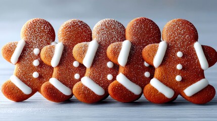 A row of five decorated gingerbread man cookies, dusted with powdered sugar and accented with white icing, are lined up on a light blue wooden surface.