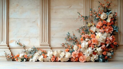A beautiful floral arrangement featuring roses and other flowers is displayed against a textured stone wall. The arrangement is illuminated by soft, natural lig