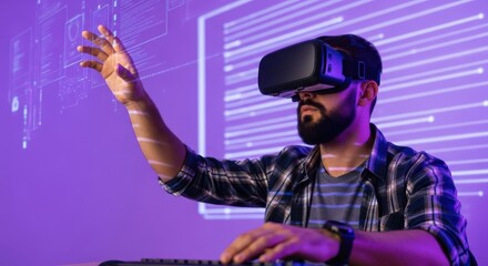 Bearded man in virtual reality headset interacting with a futuristic digital interface in a purplelit room, exploring augmented reality and metaverse concepts