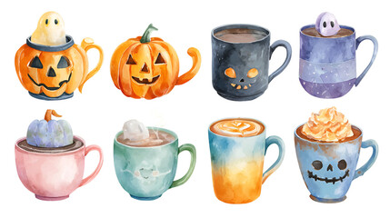 Whimsical halloween themed hot drinks and pumpkins illustrated collection