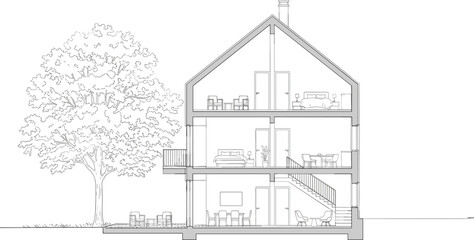 Detailed architectural house section drawing with interior rooms, furniture layout, structural elements, and surrounding landscape illustrated in clean technical vector style for design projects