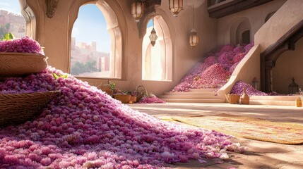 An interior scene with flowers cascading down stairs, with an Arabian architecture background, bathed in sunlight.