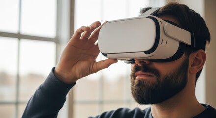 A bearded man experiencing virtual reality, adjusting his modern vr headset with his hand in a bright indoor setting, exploring digital