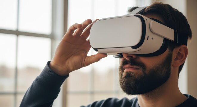 A bearded man experiencing virtual reality, adjusting his modern vr headset with his hand in a bright indoor setting, exploring digital - Powered by Adobe