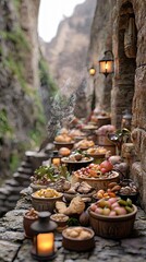 A display of food in wooden bowls and baskets on a stone ledge, with lanterns illuminating a narrow alleyway. Steam rises from the food, creating an atmospheric