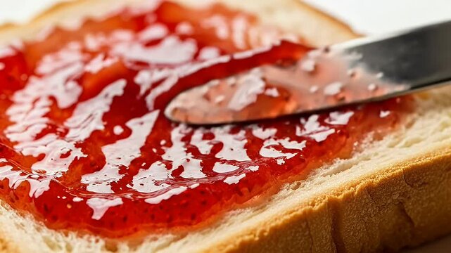 Close-up of a butter knife spreading bright red jam on a slice of bread with a soft crust and smooth texture