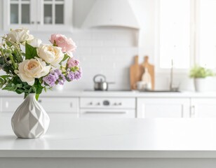 Faded soft kitchen mood behind counter foreground white