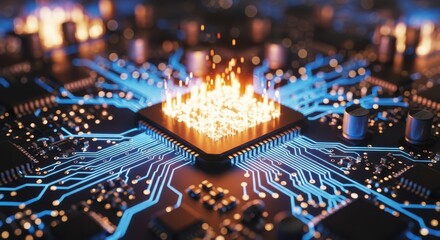 Glowing central processing unit cpu on a futuristic circuit board, symbolizing advanced technology, high performance, and digital innovation