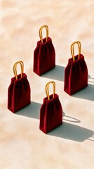 Four small, plush red velvet drawstring bags with gold cord handles are arranged on a sandy surface. The scene is lit from the side, casting long, dramatic shad