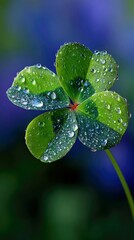 Close-up of a four-leaf clover covered in water droplets, set against a blurred green and blue background.