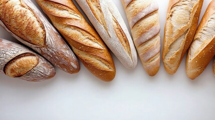 Overhead shot of several fresh baguettes arranged on a white surface, showcasing their crusty texture and golden color.