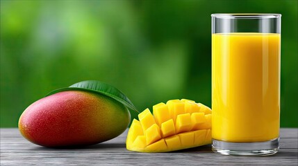 A glass of vibrant yellow mango juice stands next to a whole mango with a leaf and a sliced mango on a rustic wooden table. The background is a soft, blurred gr