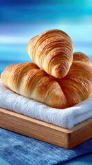 Close-up shot of three golden-brown croissants on a white towel, placed on a wooden tray against a blue background, with soft lighting.