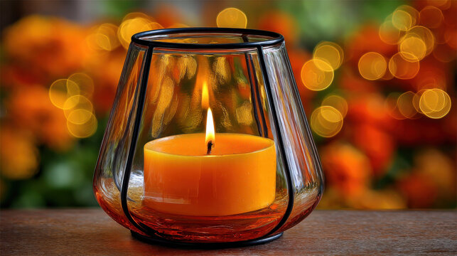 Glowing candle in decorative glass holder radiates warmth and tranquility, perfect for cozy night filled with sangeet celebrations