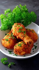 Close-up of fried chicken pieces on a white plate, garnished with parsley, against a dark background.
