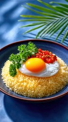 A close-up shot of a blue bowl filled with couscous, topped with a fried egg, chopped chili, and parsley. Tropical palm leaf shadows are visible in the backgrou