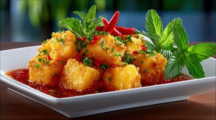 Close-up of a plate of fried tofu cubes served with chili sauce, garnished with fresh mint and red chilies.