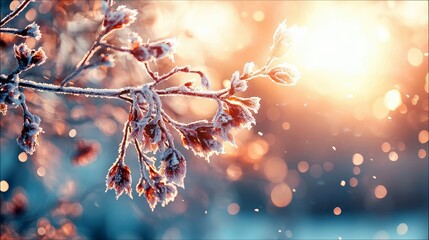Close-up of a frosted branch with delicate flowers, bathed in warm sunlight, creating a dreamy and serene winter scene.