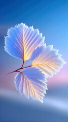Three delicate, frosted leaves on a thin branch are illuminated by soft, warm light against a blurred background of blue and pink hues, suggesting a cool, seren