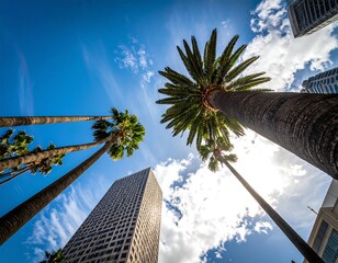 Low-angle view of palm trees and skyscraper on a sunny day