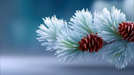 A close-up of a pine branch covered in frost, with two pine cones. The background is a soft, blurred blue.