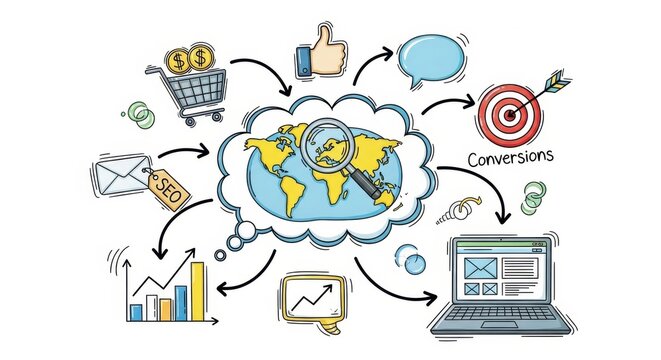 Global digital marketing strategy illustration with worldwide connections and growth components