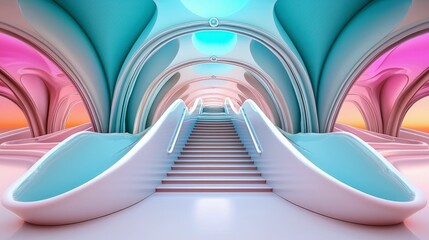 A futuristic architectural interior with stairs and a slide, featuring a colorful and vibrant lighting scheme. The design is modern and abstract.