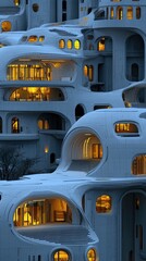 A futuristic building with a unique design is illuminated by warm interior lights at dusk. The architecture is organic and modern.