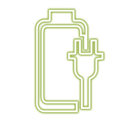 Neon outline of a battery with a plug symbol indicating charging isolated on transparent background