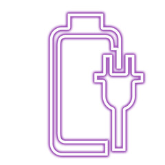 Obraz premium Purple neon outline of a battery with a plug symbol isolated on transparent background