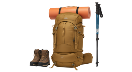 Tan hiking backpack with orange sleeping pad brown hiking boot and trekking pole isolated on white background 
