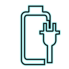 Glowing neon battery icon with power plug symbol isolated on transparent background