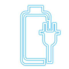 Neon blue outline of a battery with a plug symbol isolated on transparent background