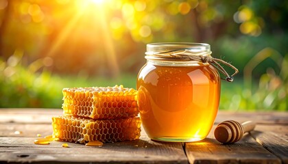 Golden honey jar with honeycomb and dipper, basking in sunlight