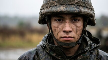 Soldier in Rain-Soaked Camouflage Uniform Stares Intently