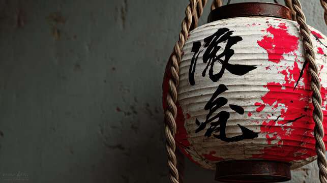 Beautiful Chinese lantern adorned with poetic symbols hangs gracefully, embodying spirit of festival