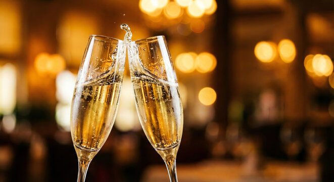 Two Champagne Glasses Toasting with Splash against Golden Bokeh Lights. Celebration of New Year or Wedding Anniversary
