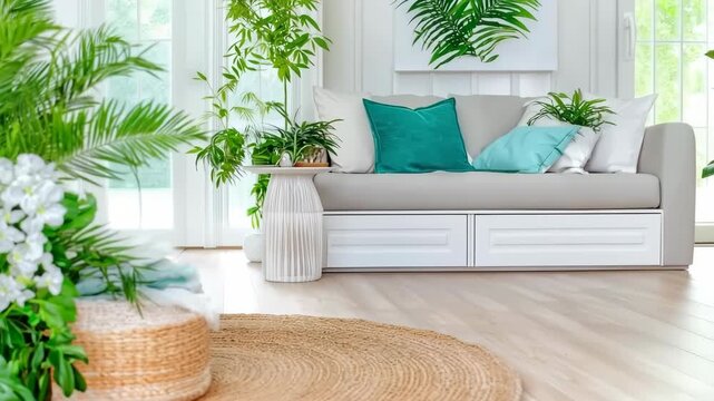 Bright tropical living room with houseplants and flowers