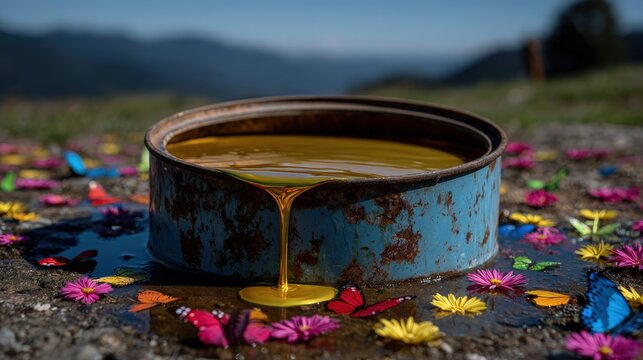 A captivating scene showing vibrant yellow paint spilling from a rusted can, blending art and nature while colorful butterflies add a dynamic contrast against the rugged backdrop.
