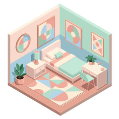 Cozy Isometric Bedroom with Modern Decor and Pastel Colors.
