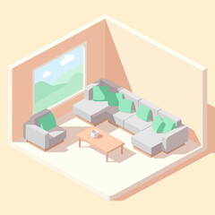 Isometric Living Room Interior with Sofa, Armchair, and Coffee Table.