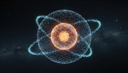An artistic representation of an atom, featuring a central nucleus and orbiting electrons, rendered with glowing particles.