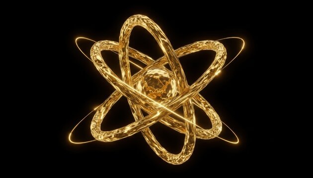 A golden, intricate, three-dimensional rendering of an atom, set against a stark black background.