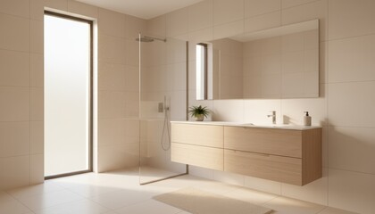 Modern bathroom with a large mirror, wooden vanity, and a glass shower enclosure.
