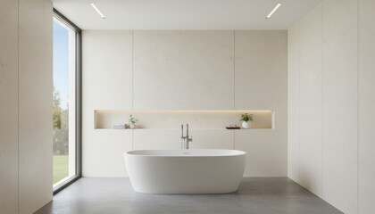 Modern bathroom interior with a freestanding bathtub, minimalist design, and natural light.